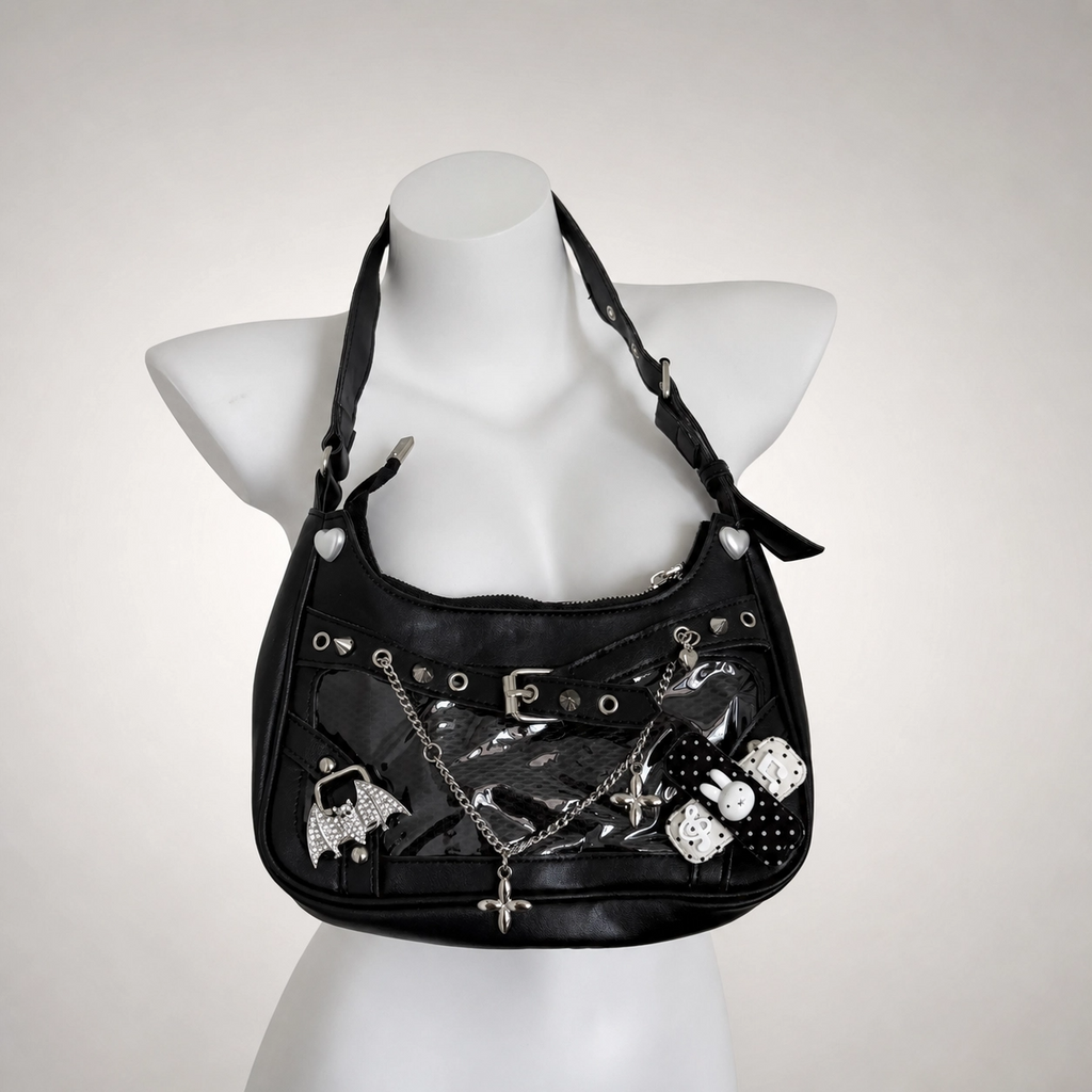 Y2K Gothic Ita Handbag Wing Cross Charm Chain Detail Punk Shoulder Bag
