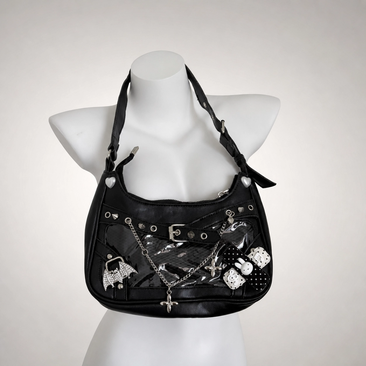 Y2K Gothic Ita Handbag Wing Cross Charm Chain Detail Punk Shoulder Bag
