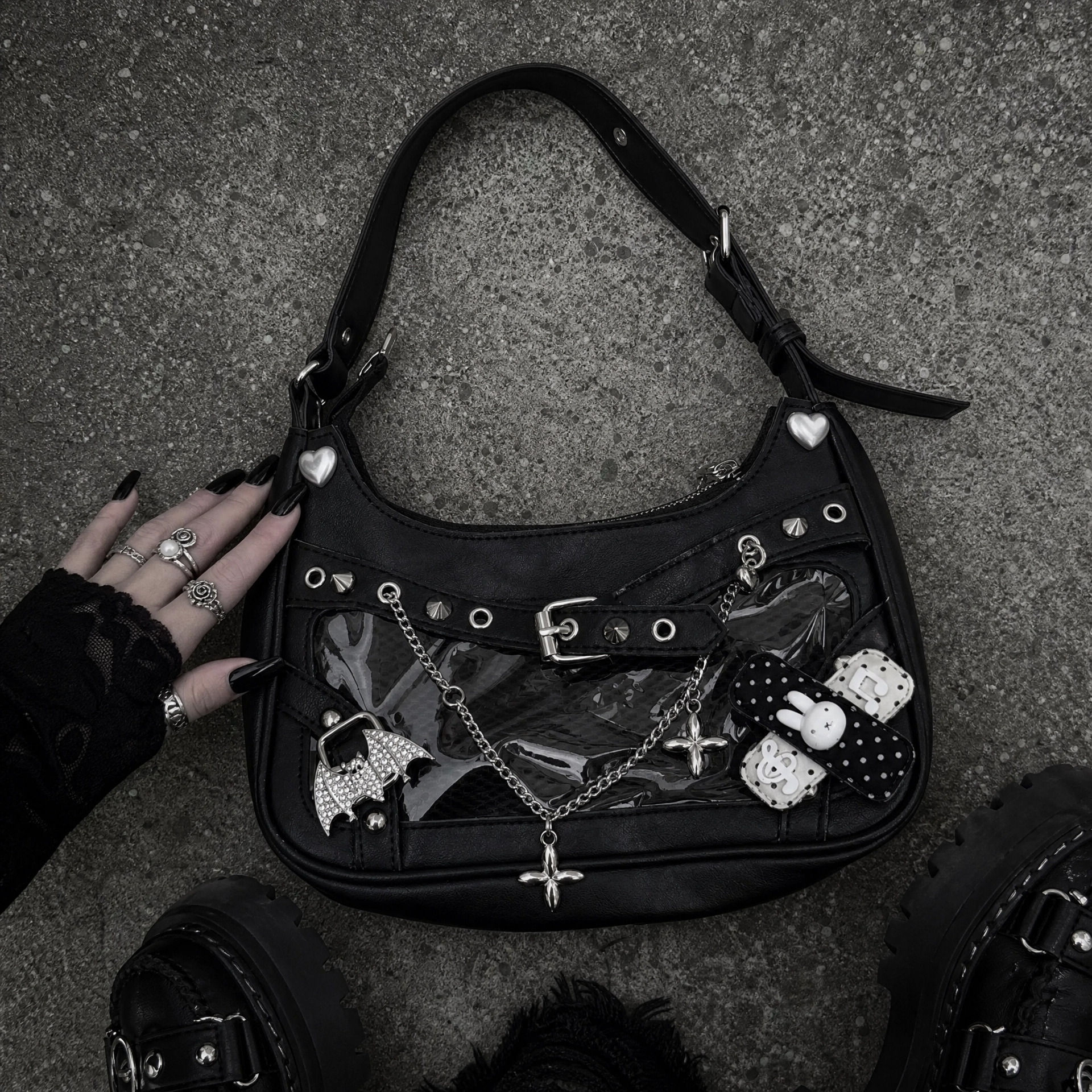 Y2K Gothic Ita Handbag Wing Cross Charm Chain Detail Punk Shoulder Bag