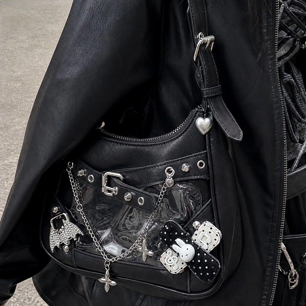 Y2K Gothic Ita Handbag Wing Cross Charm Chain Detail Punk Shoulder Bag