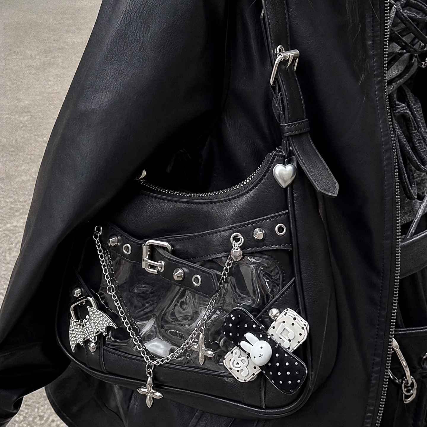 Y2K Gothic Ita Handbag Wing Cross Charm Chain Detail Punk Shoulder Bag