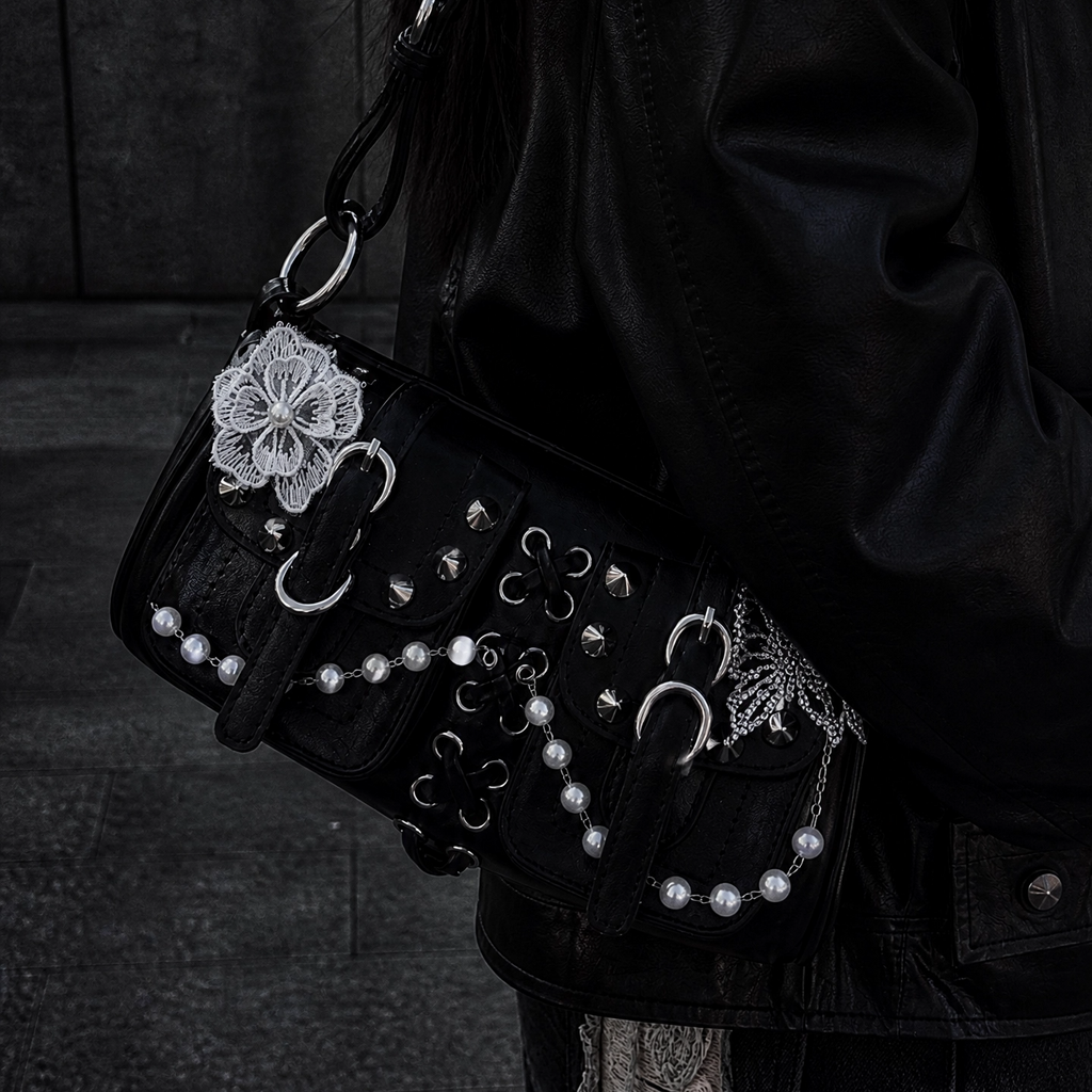 Y2K Pearl Chain Heart Shoulder Bag Handmade Punk Leather Handbag