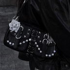 Y2K Pearl Chain Heart Shoulder Bag Handmade Punk Leather Handbag