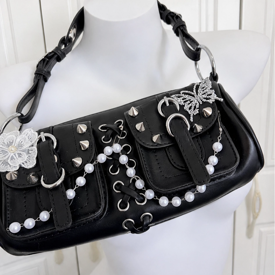 Y2K Pearl Chain Heart Shoulder Bag Handmade Punk Leather Handbag