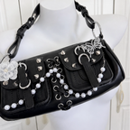 Y2K Pearl Chain Heart Shoulder Bag Handmade Punk Leather Handbag