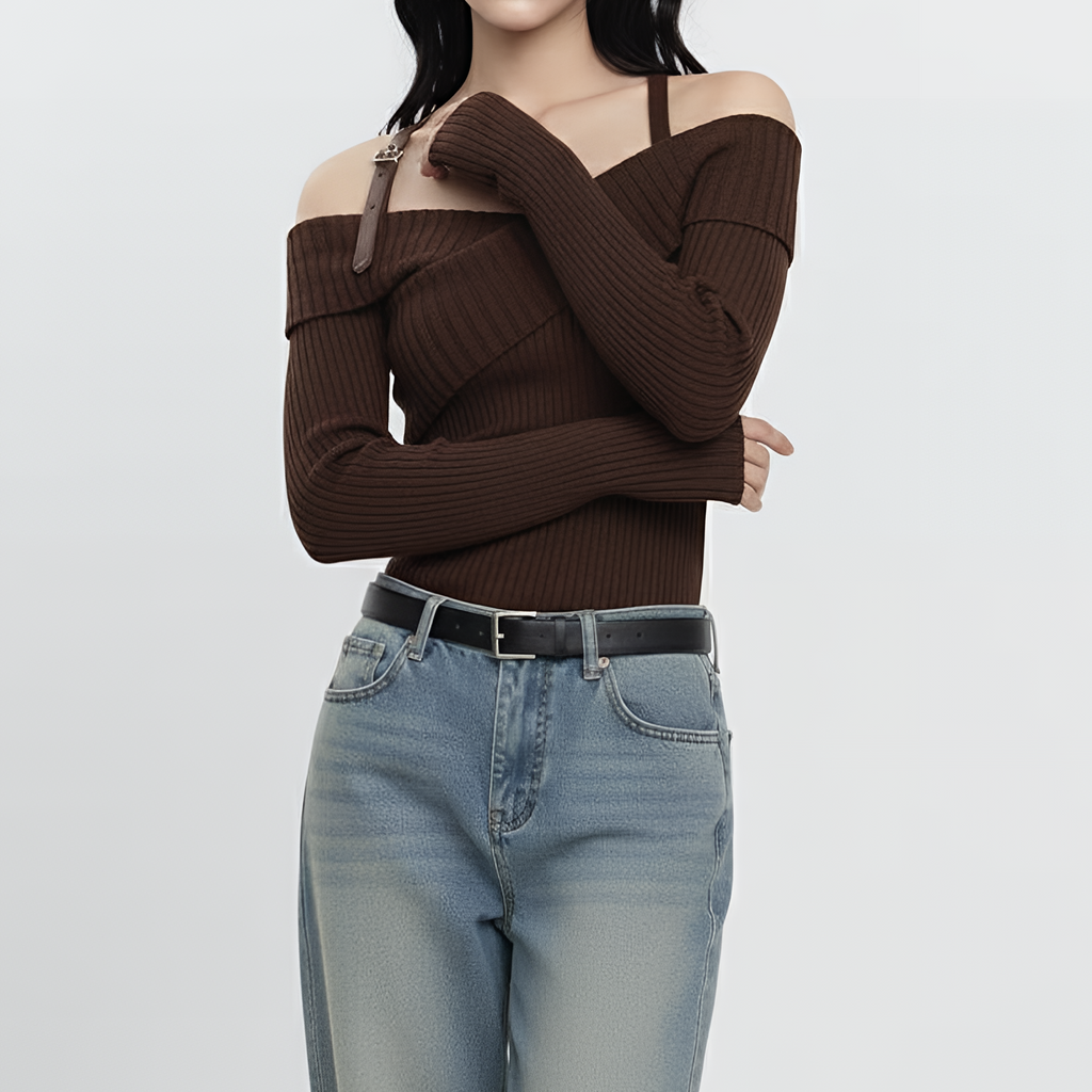 Off-Shoulder Ribbed Knit Sweater, Brown Balletcore Top, Long Sleeve Knit Pullover