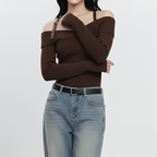 Off-Shoulder Ribbed Knit Sweater, Brown Balletcore Top, Long Sleeve Knit Pullover