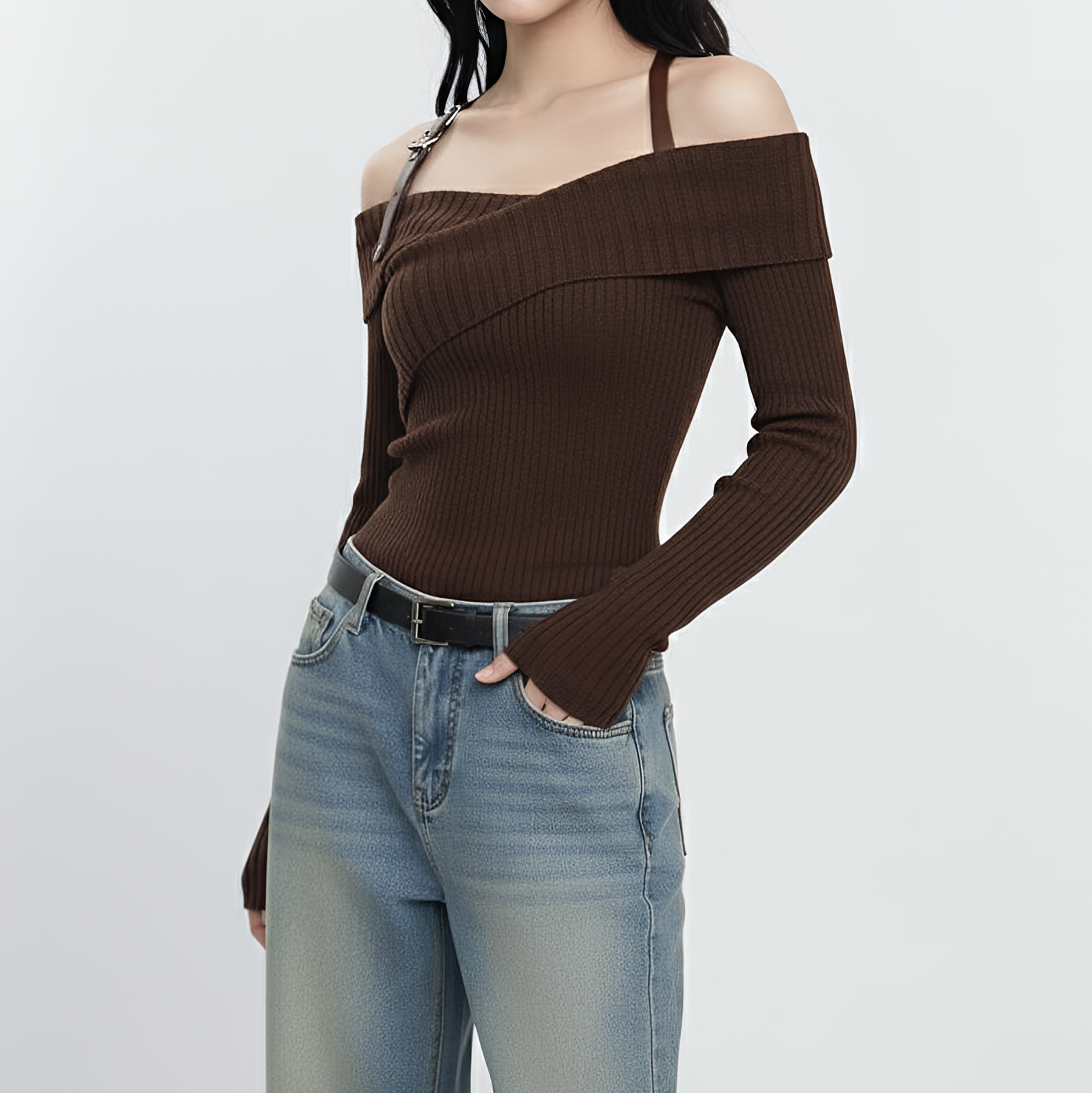 Off-Shoulder Ribbed Knit Sweater, Brown Balletcore Top, Long Sleeve Knit Pullover