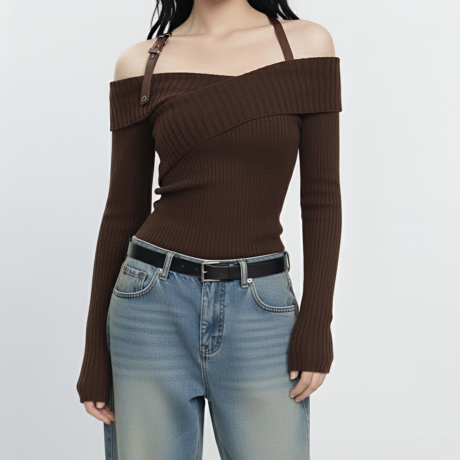 Off-Shoulder Ribbed Knit Sweater, Brown Balletcore Top, Long Sleeve Knit Pullover