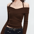 Off-Shoulder Ribbed Knit Sweater, Brown Balletcore Top, Long Sleeve Knit Pullover