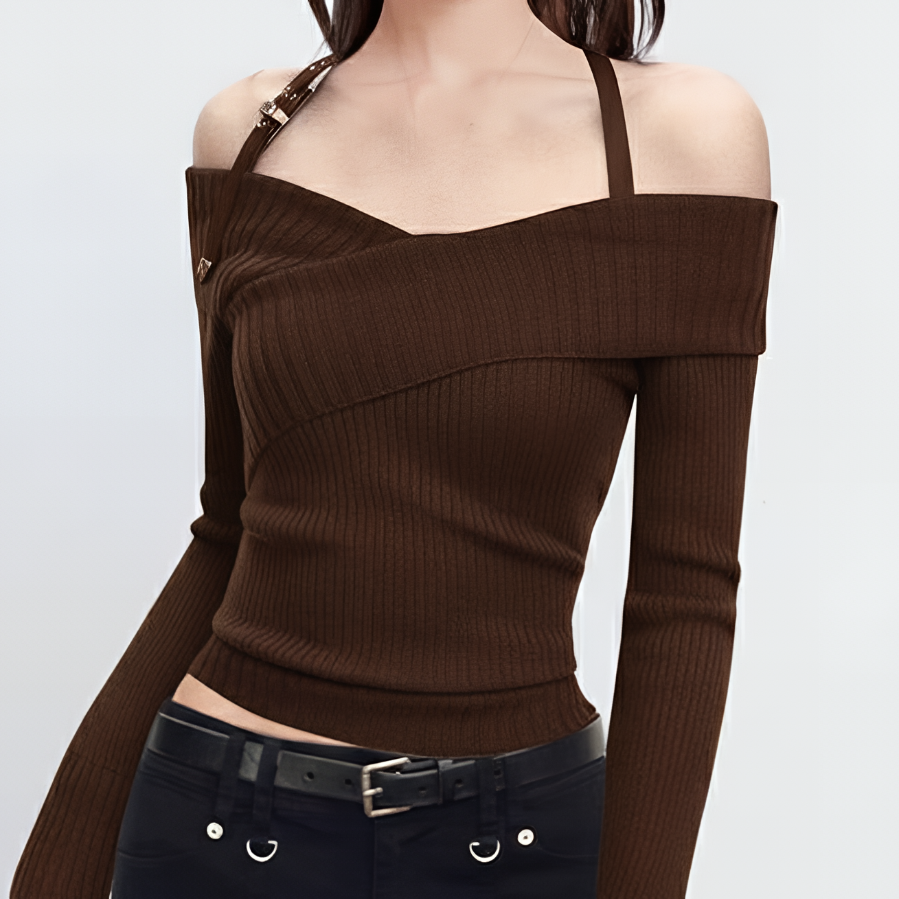 Off-Shoulder Ribbed Knit Sweater, Brown Balletcore Top, Long Sleeve Knit Pullover