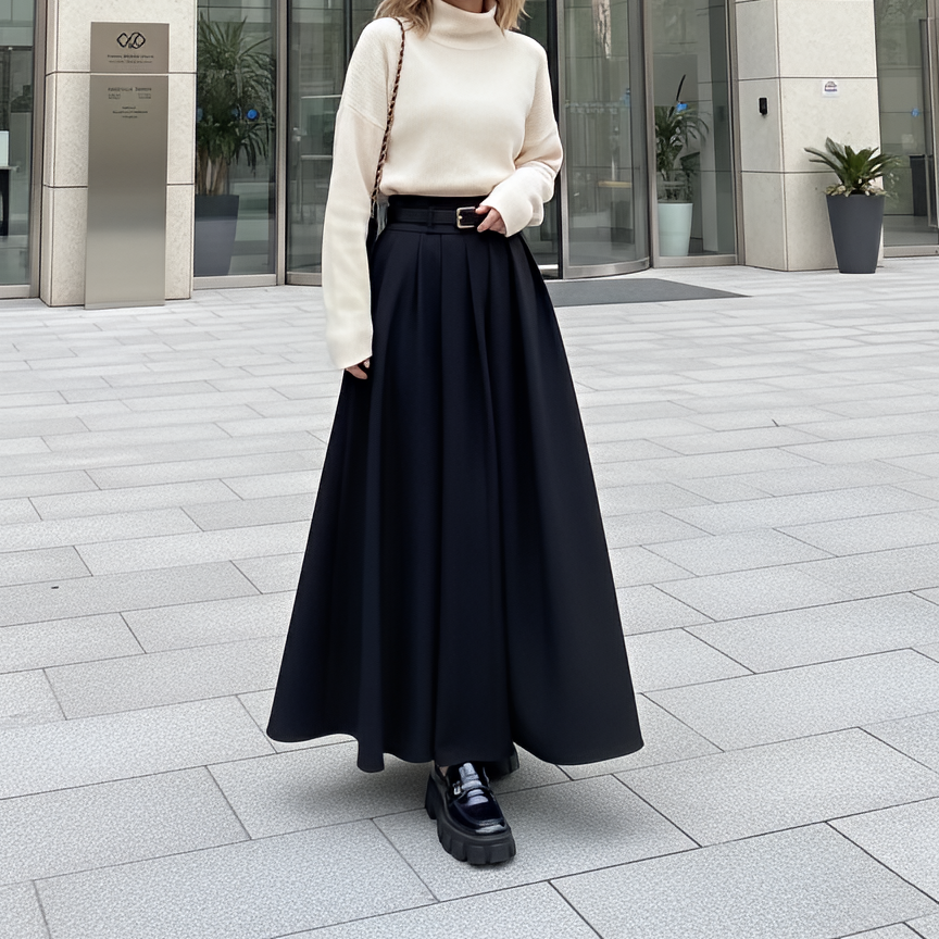 Black High Waist Pleated Maxi Skirt with Belt Dark Academia Elegant Minimalist