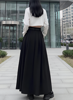 Black High Waist Pleated Maxi Skirt with Belt Dark Academia Elegant Minimalist
