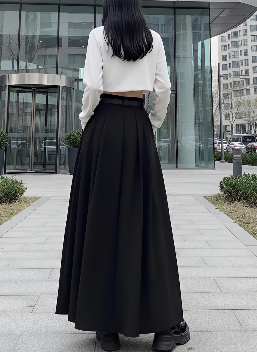 Jupe Longue Plissée Noire Taille Haute Avec Ceinture Élégante Minimaliste