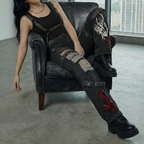 Baggy Cargo Pants Distressed Black Denim Gothic Cyberpunk Streetwear