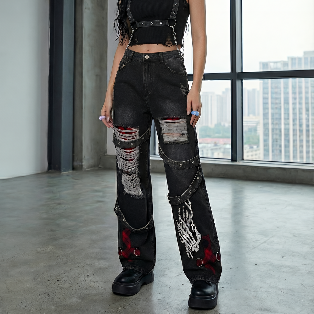 Baggy Cargo Pants Distressed Black Denim Gothic Cyberpunk Streetwear
