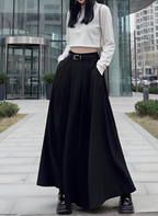 Black High Waist Pleated Maxi Skirt with Belt Dark Academia Elegant Minimalist