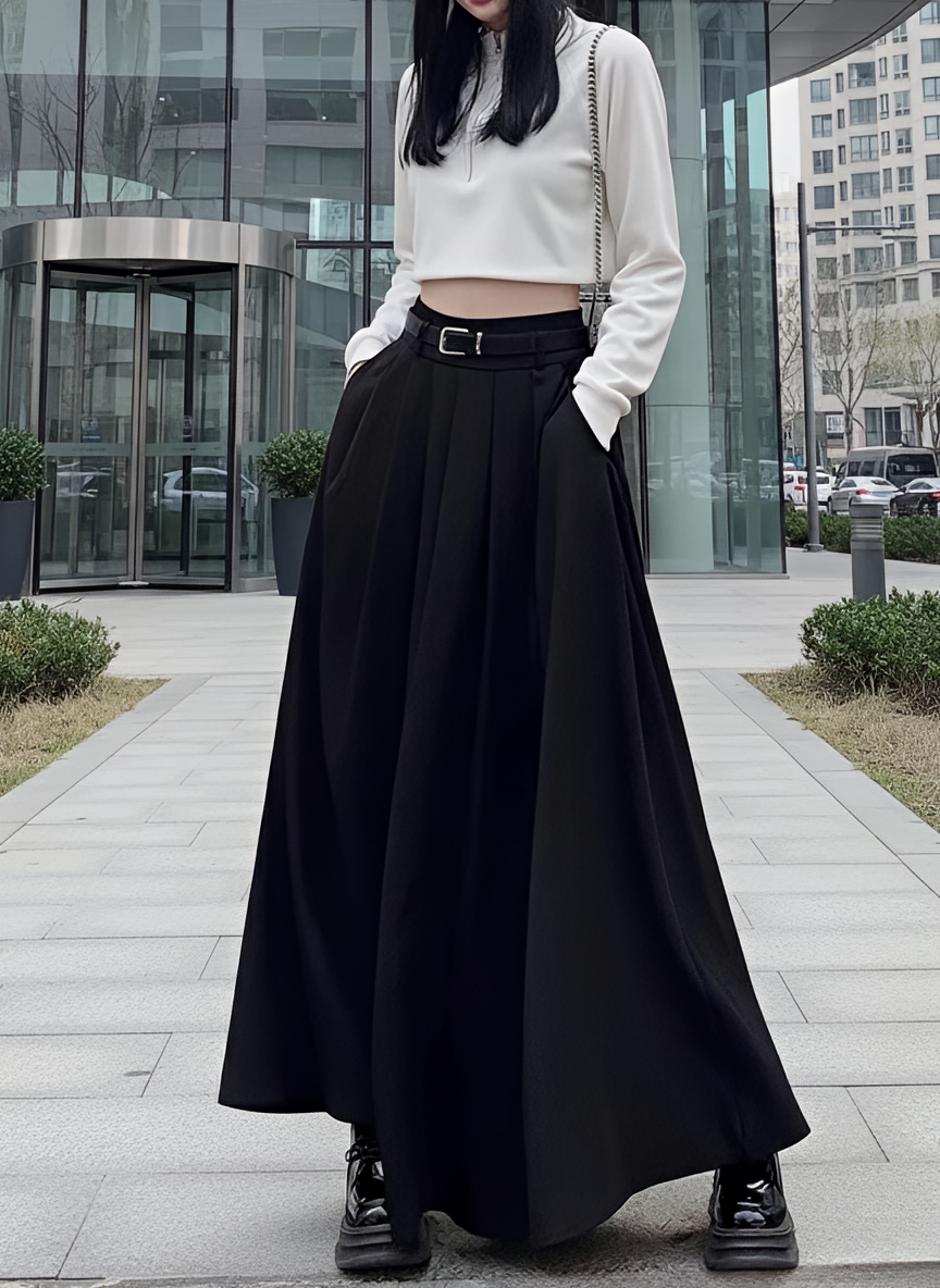 Jupe Longue Plissée Noire Taille Haute Avec Ceinture Élégante Minimaliste