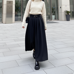 Black High Waist Pleated Maxi Skirt with Belt Dark Academia Elegant Minimalist