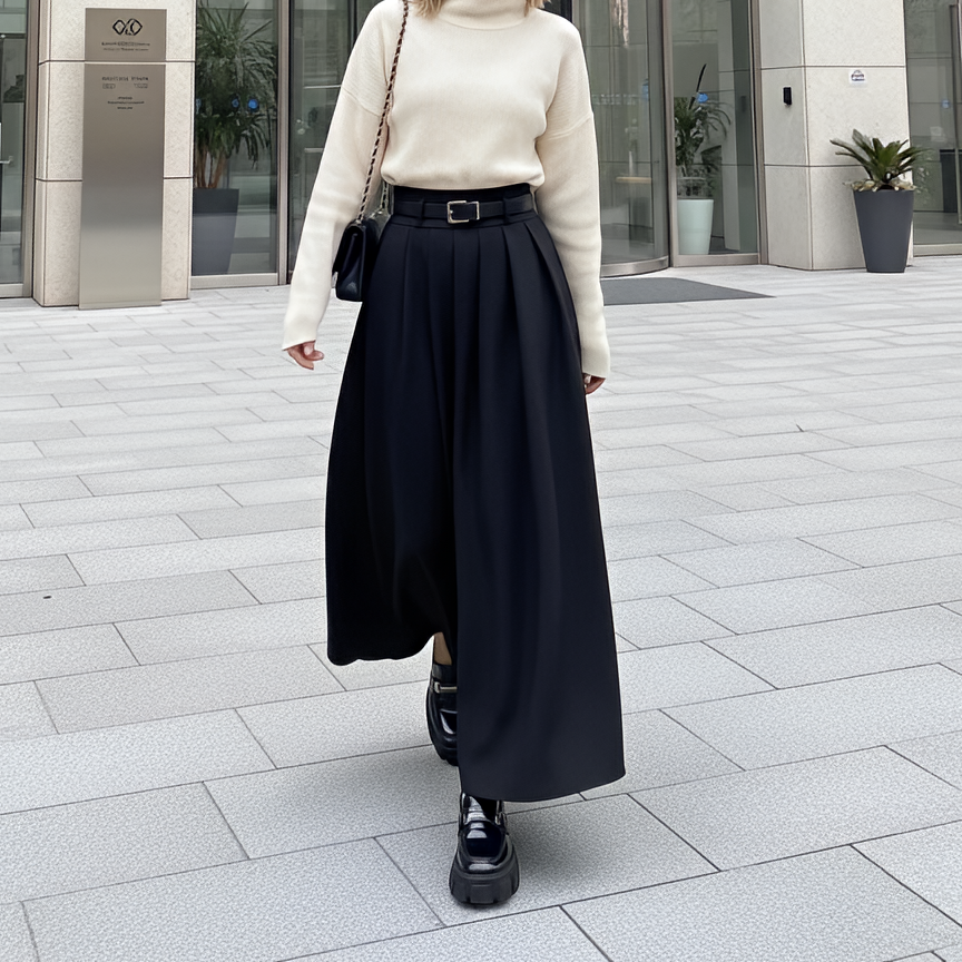 Jupe Longue Plissée Noire Taille Haute Avec Ceinture Élégante Minimaliste