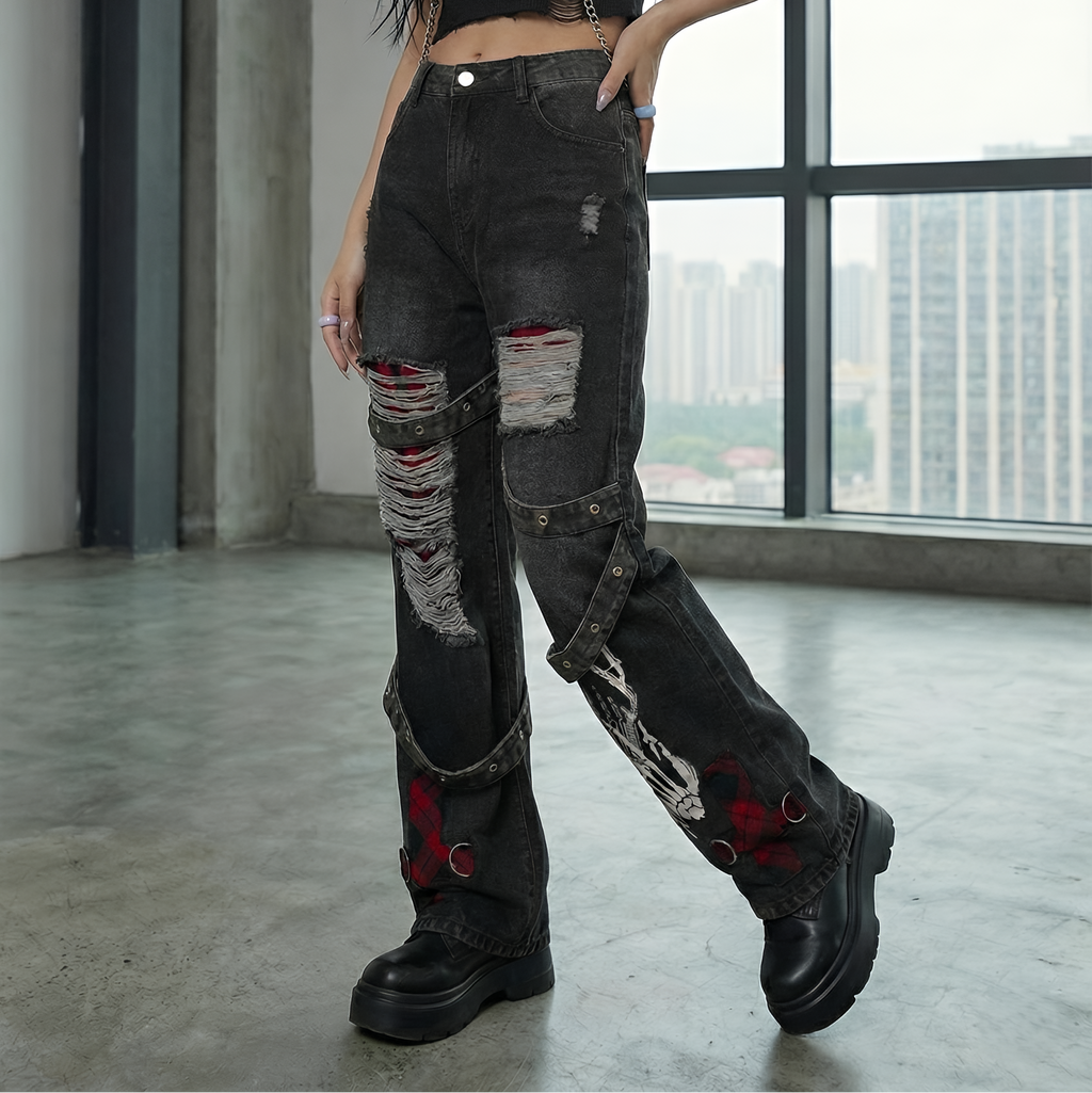 Baggy Cargo Pants Distressed Black Denim Gothic Cyberpunk Streetwear