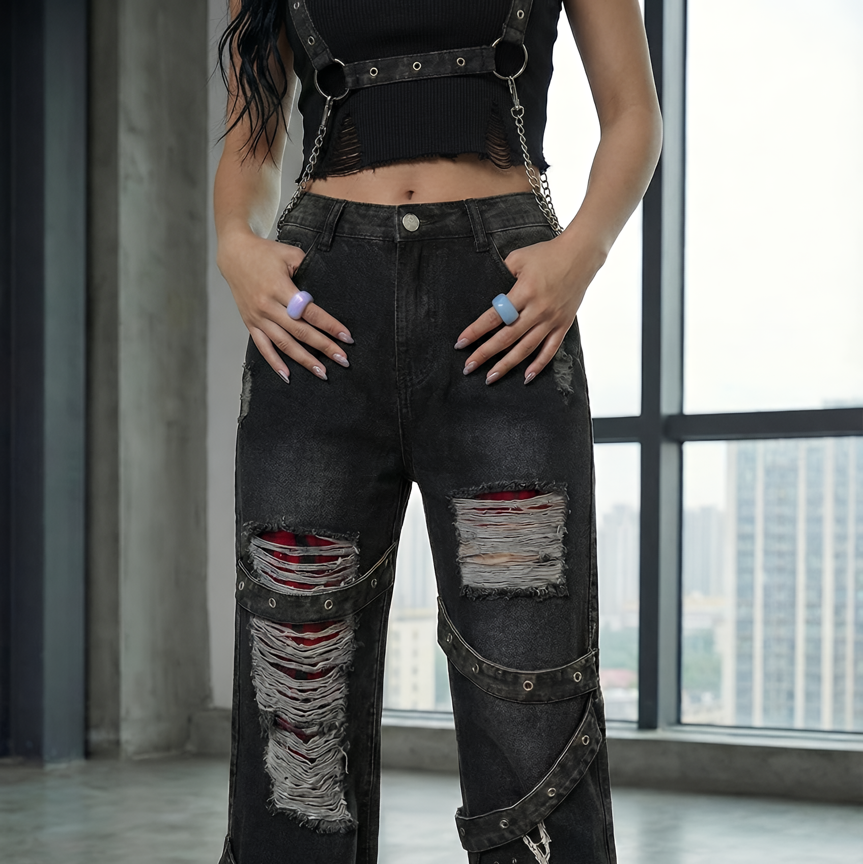 Baggy Cargo Pants Distressed Black Denim Gothic Cyberpunk Streetwear