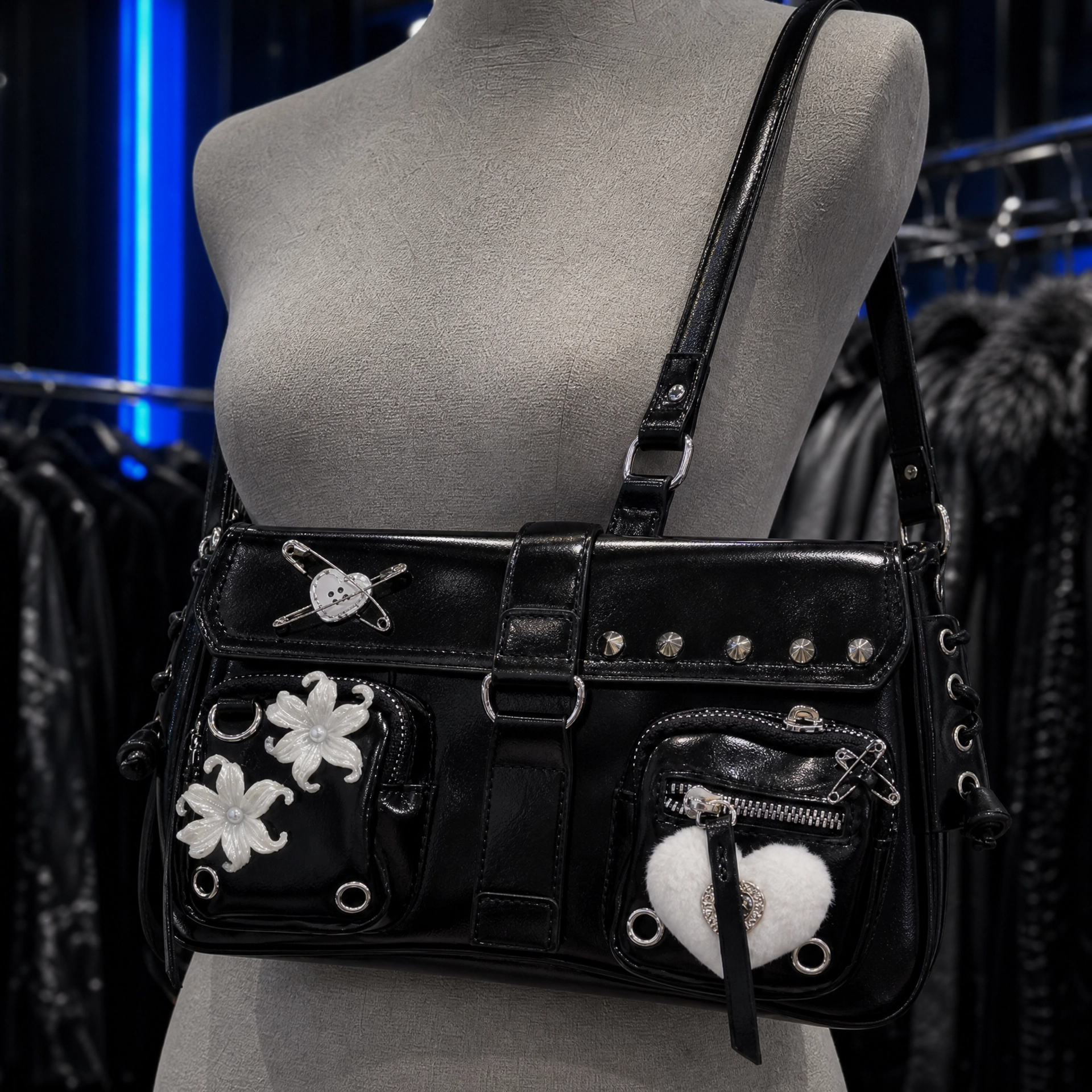 Gothic Patent Leather Shoulder Bag Heart Fur Studded Y2K Lolita Handbag
