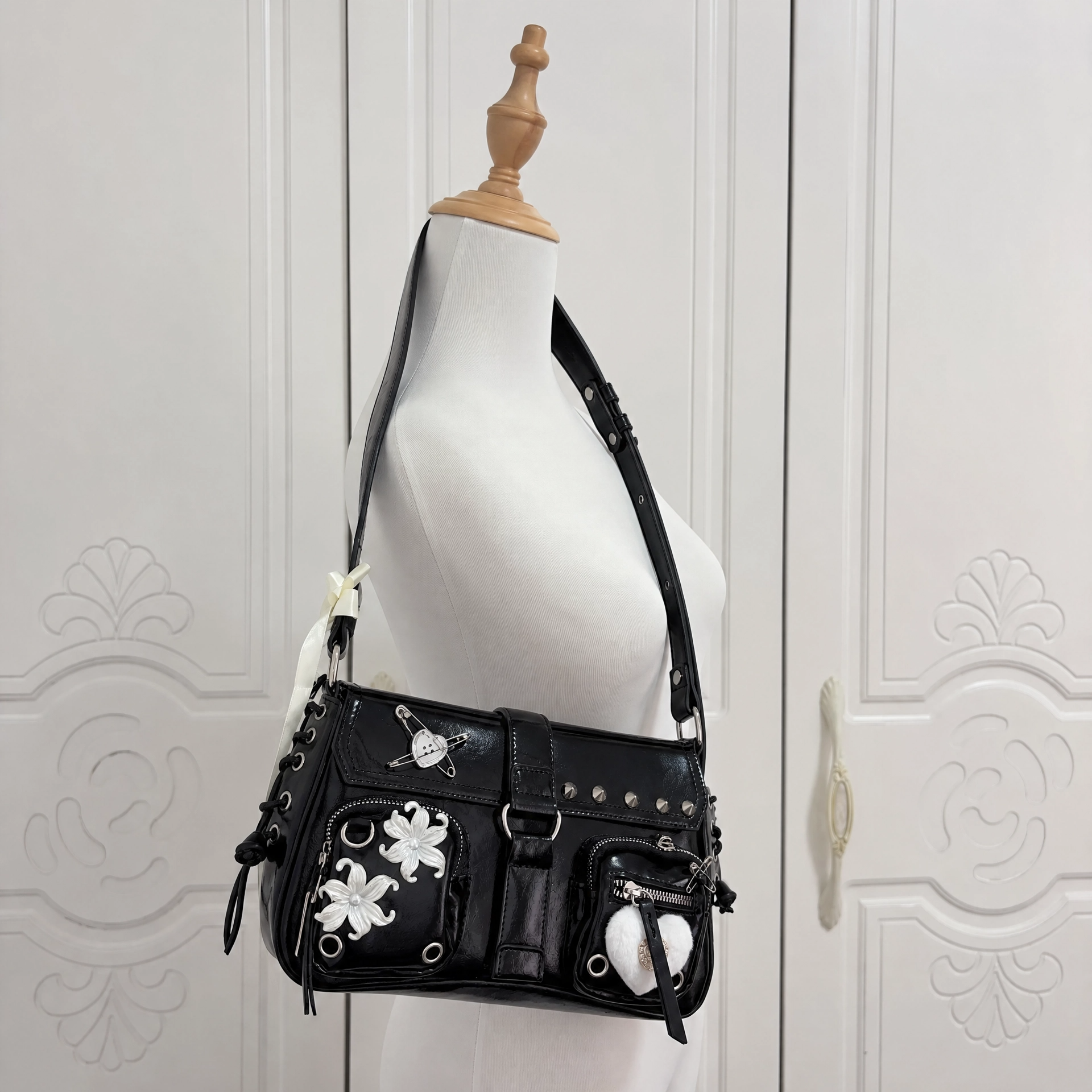 Gothic Patent Leather Shoulder Bag Heart Fur Studded Y2K Lolita Handbag