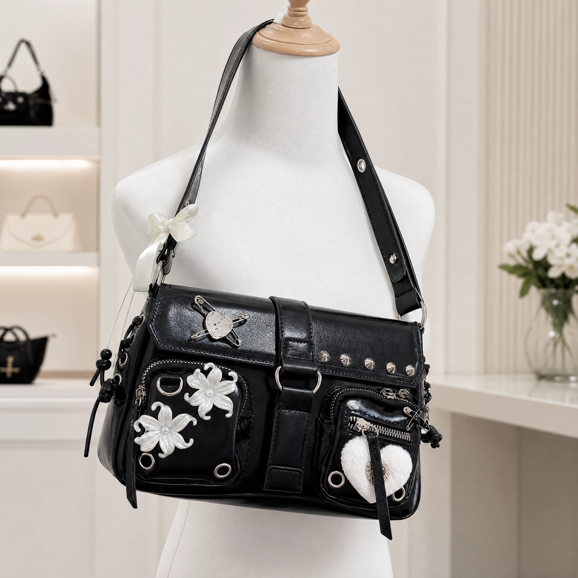 Gothic Patent Leather Shoulder Bag Heart Fur Studded Y2K Lolita Handbag