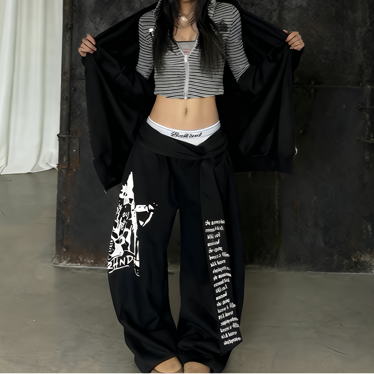 Women Gothic Y2K Letter Print Baggy Sweatpants Gray Wide Leg Harajuku Vintage Trousers
